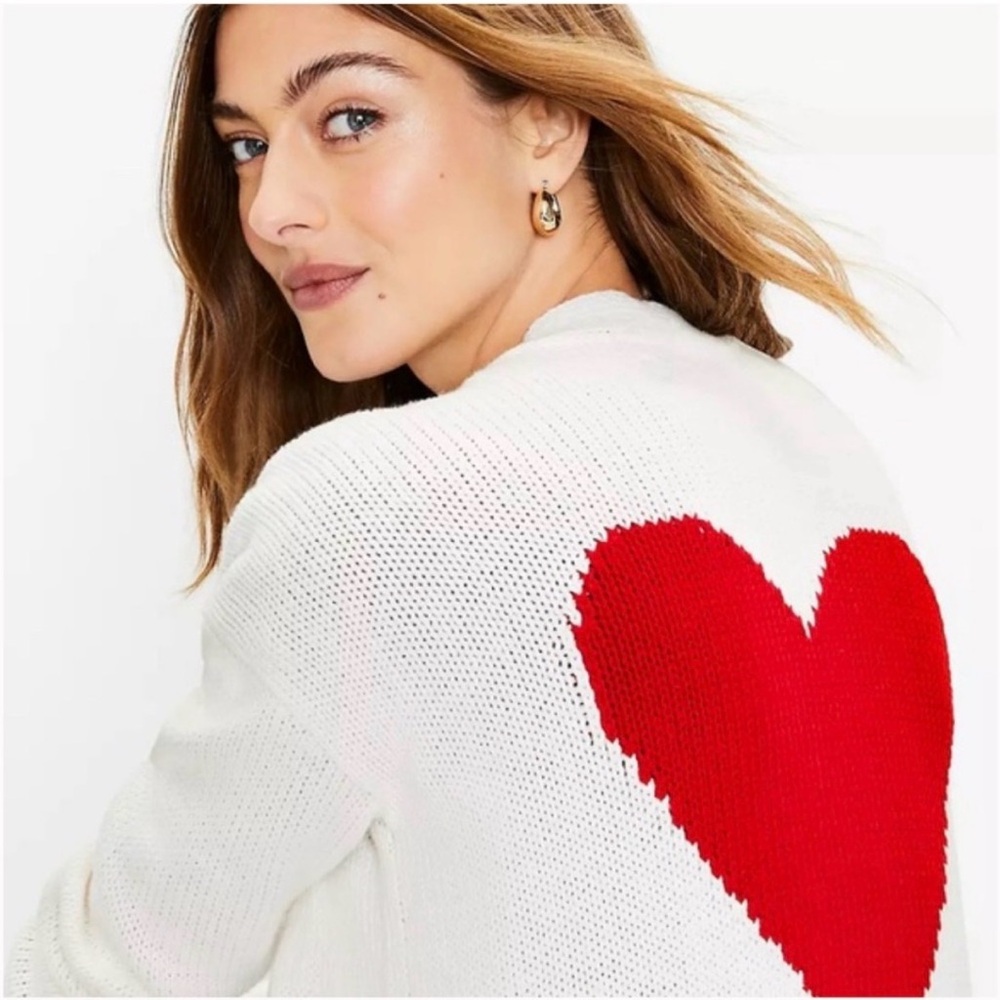 LOFT Cream Cardigan with Red Heart on Back Medium NWOT